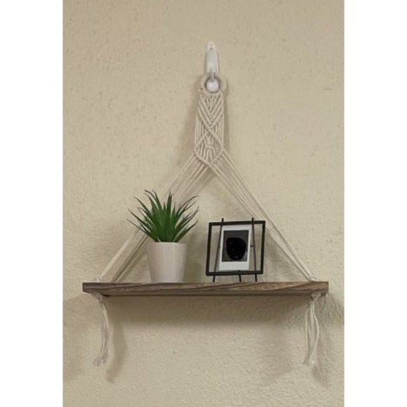 Macrame Hanging Shelves Boho Wall Decor Set of 2 Rustic Wood Floating Shelves - Picture 2 of 2